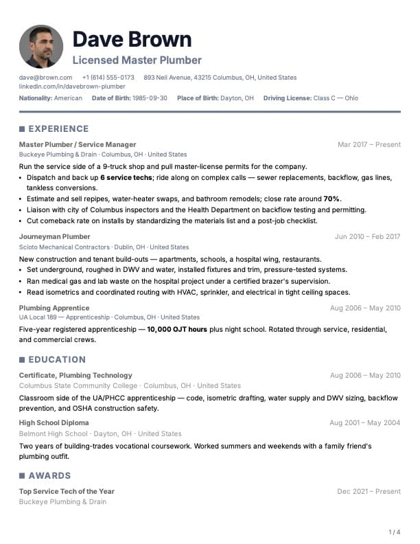 Bullets template example — Dave Brown, Plumber
