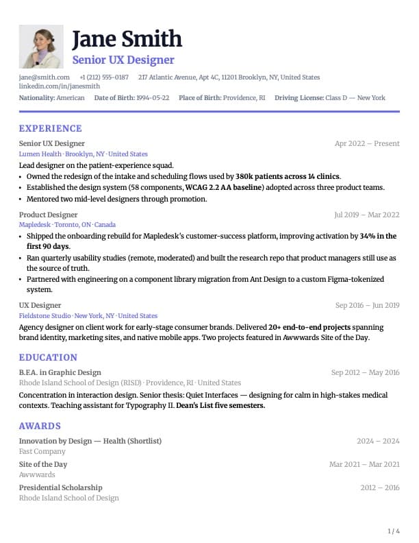 Classic template example — Jane Smith, UX Designer
