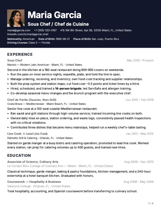 Corporate template example — Maria Garcia, Chef