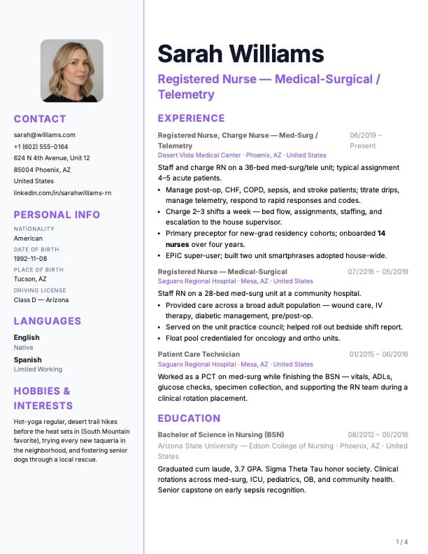 Left Sidebar Light example — Sarah Williams, Registered Nurse