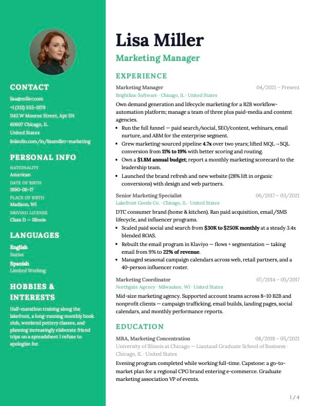 Left Sidebar Pro example — Lisa Miller, Marketing Manager