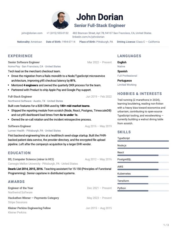 Right Sidebar Clean example — John Dorian, Full-Stack Engineer