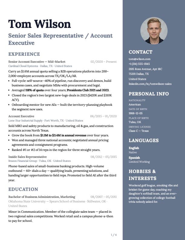 Right Sidebar Pro example — Tom Wilson, Sales Representative