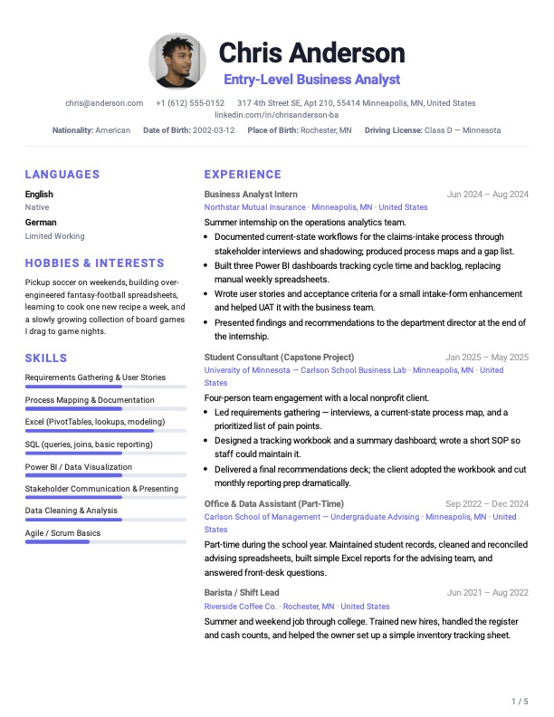 Left Sidebar Clean example — Chris Anderson, Business Analyst