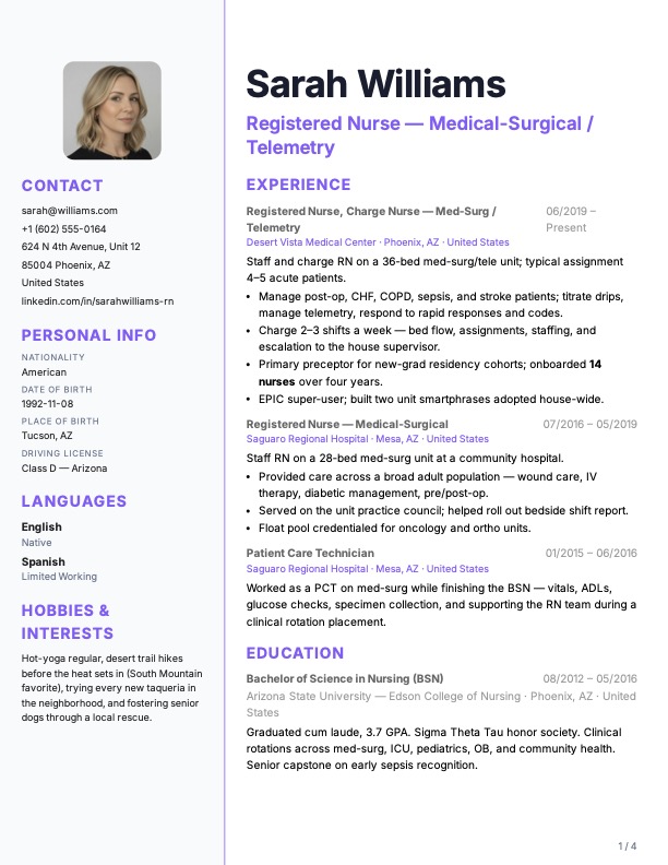 Left Sidebar Light example — Sarah Williams, Registered Nurse