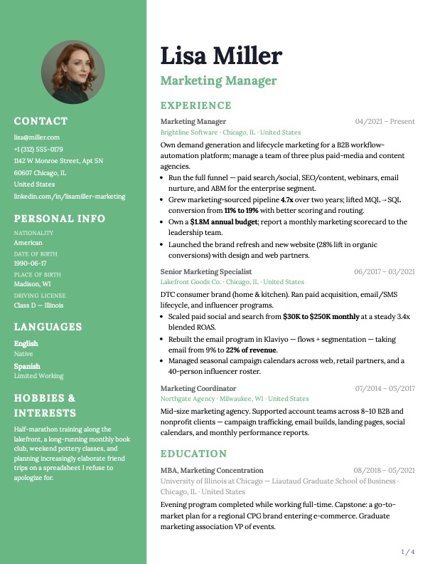Left Sidebar Pro example — Lisa Miller, Marketing Manager