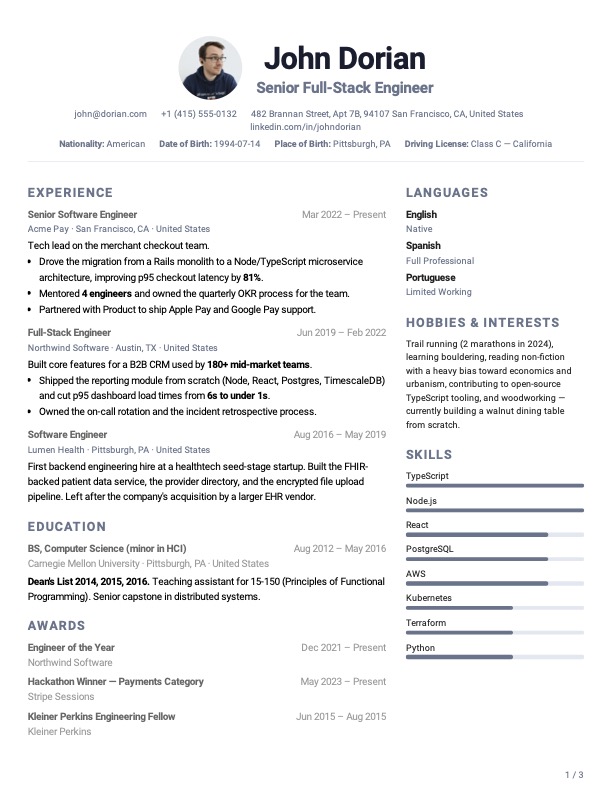 Right Sidebar Clean example — John Dorian, Full-Stack Engineer