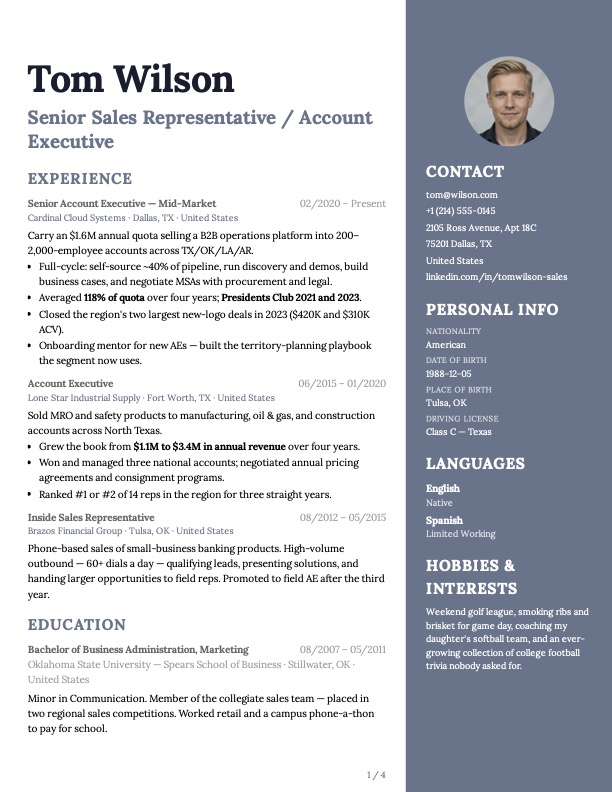 Right Sidebar Pro example — Tom Wilson, Sales Representative